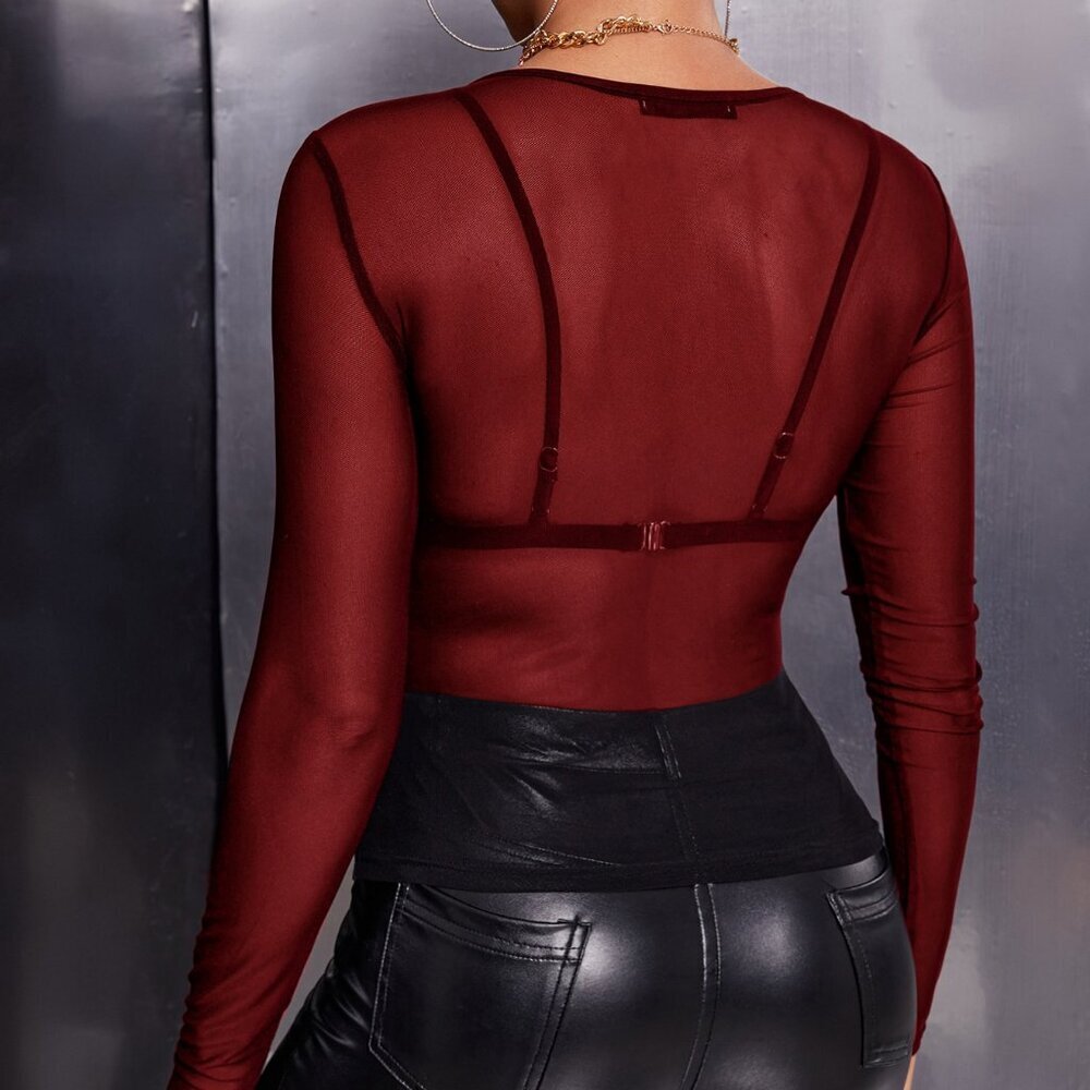Burgundy Sexy Women's Sheer Mesh Top Without Bra - Picture 2 of 4